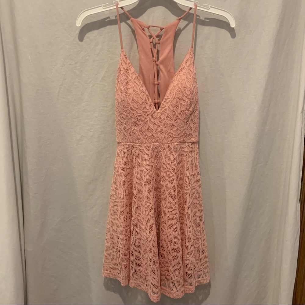 Spaghetti strap short pink lace dress tie back